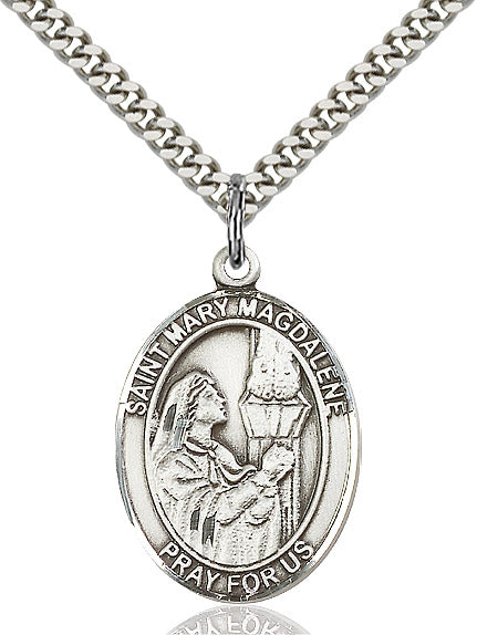 Extel Large Oval Sterling Silver St. Mary Magdalene Pendant with 24" chain, Made in USA