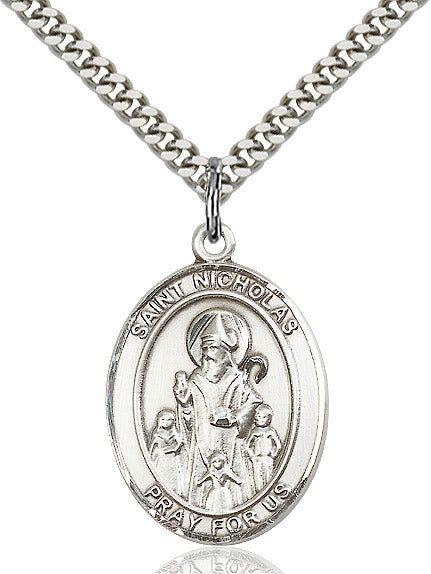 Extel Large Oval Sterling Silver St. Nicholas Pendant with 24" chain, Made in USA