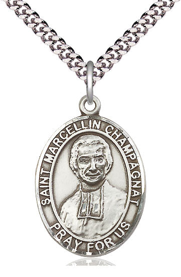 Extel Large Oval Pewter St. Marcellin Champagnat Pendant with 24" chain, Made in USA