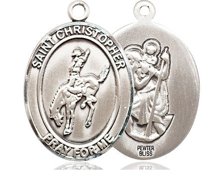 Extel Large Pewter St. Christopher Rodeo Medal Pendant Necklace Charm for Rodeo Cowboy Cowgirl Bull Rider