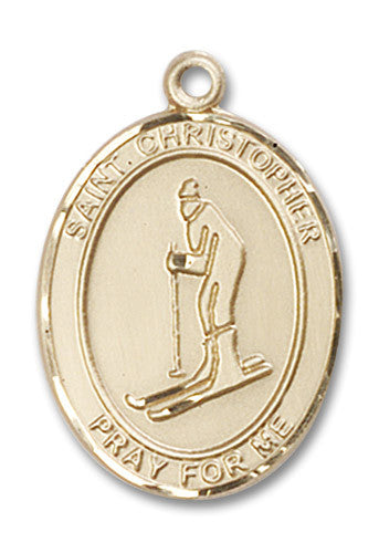 Extel Large 14kt Gold Filled St. Christopher Skiing Medal Pendant Necklace Charm for Snow Skier