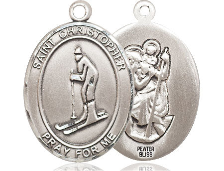 Extel Large Pewter St. Christopher Skiing Medal Pendant Necklace Charm for Snow Skier