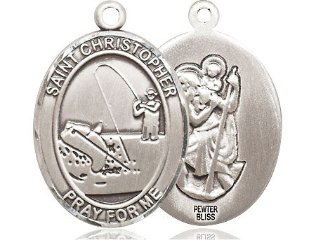 Extel Large Pewter St. Christopher Fishing Medal Pendant Necklace Charm for Fisherman