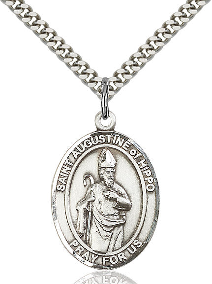 Extel Large Oval Sterling Silver St. Augustine of Hippo Pendant with 24" chain, Made in USA