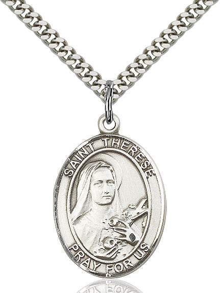 Extel Large Oval Sterling Silver St. Therese of Lisieux Pendant with 24" chain, Made in USA