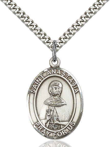 Extel Large Oval Sterling Silver St. Anastasia Pendant with 24" chain, Made in USA