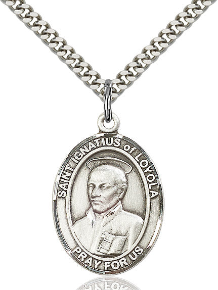 Extel Large Oval Sterling Silver St. Ignatius of Loyola Pendant with 24" chain, Made in USA