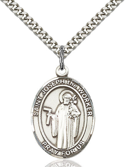 Extel Large Oval Sterling Silver St. Joseph the Worker Pendant with 24" chain, Made in USA