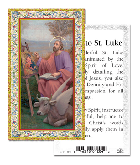 Saint Luke Gold-Stamped Catholic Prayer Holy Card with Prayer on Back, Pack of 100