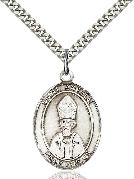 Extel Large Oval Sterling Silver St. Anselm of Canterbury Pendant with 24" chain, Made in USA