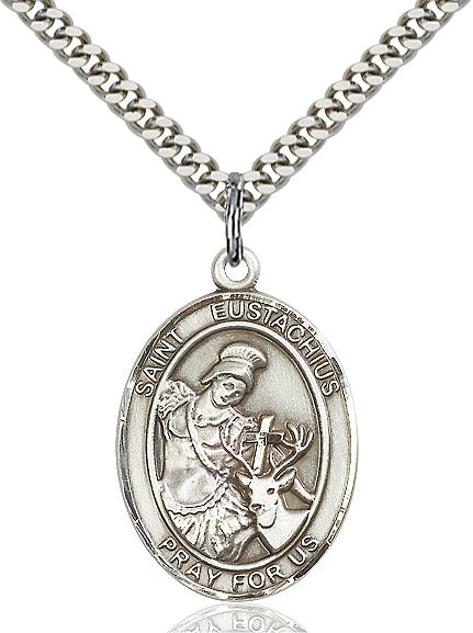 Extel Large Oval Sterling Silver St. Eustachius Pendant with 24" chain, Made in USA