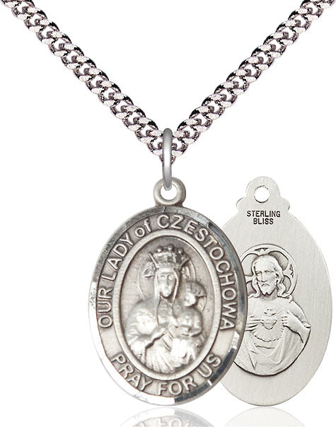 Extel Large Oval Pewter Our Lady of Czestochowa Pendant with 24" chain