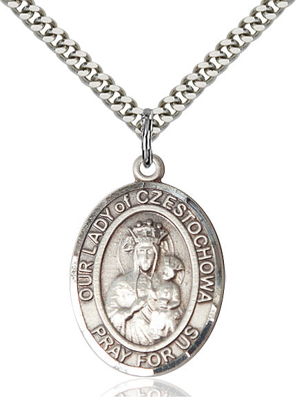 Extel Large Oval Sterling Silver Our Lady of Czestochowa Pendant with 24" chain