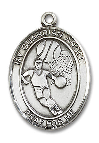 Extel Large Sterling Silver Guardian Angel Basketball Medal Pendant Necklace Charm for Basketball Player