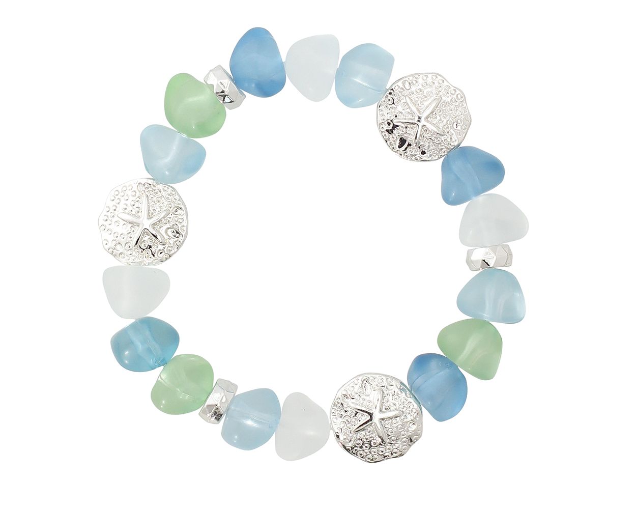 Periwinkle Green, Turquoise And Clear Sea Glass With Silver Sand Dollars Bracelet