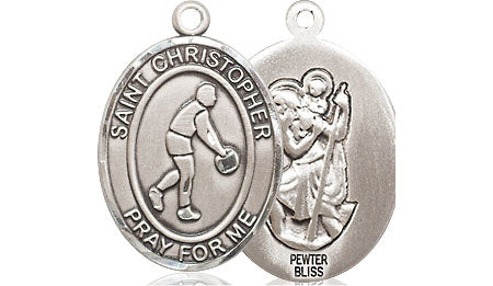 Extel Medium Pewter St. Christopher Basketball Medal Pendant Necklace Charm for Basketball Player