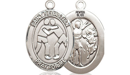 Extel Medium Pewter St. Sebastian Wrestling Medal Pendant Necklace Charm for Wrestler