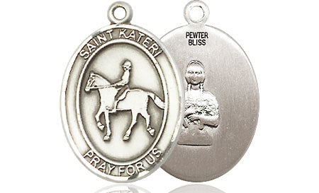 Extel Medium Pewter ST. KATERI EQUESTRIAN Medal Pendant Necklace Charm for Horse Rider