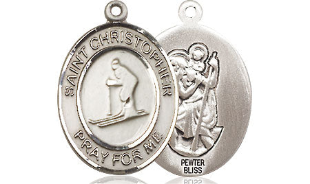 Extel Medium Pewter St. Christopher Skiing Medal Pendant Necklace Charm for Snow Skier