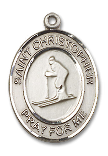 Extel Medium Sterling Silver St. Christopher Skiing Medal Pendant Necklace Charm for Snow Skier