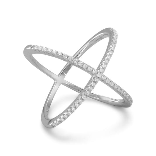 Extel Rhodium Plated Criss Cross 'X' Ring with Signity CZs