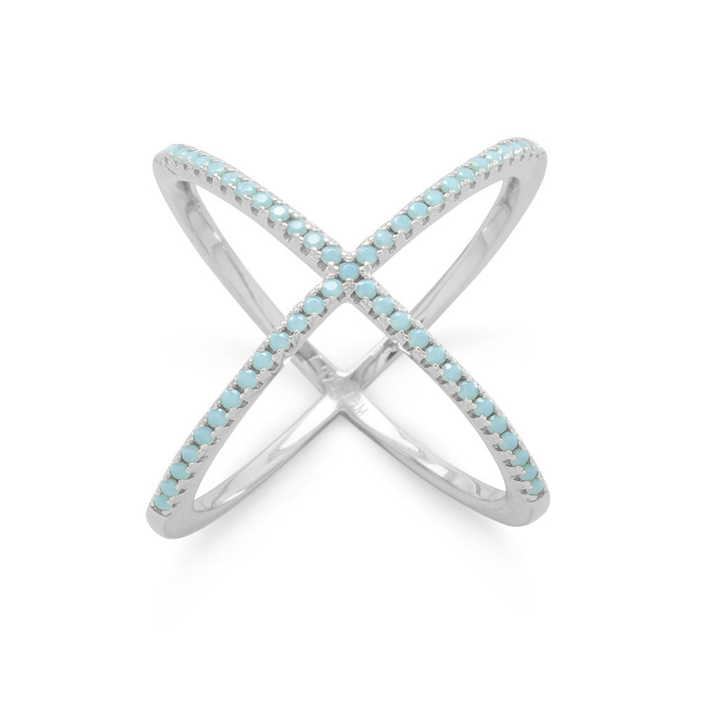 Extel Rhodium Plated Criss Cross 'X' Ring with Blue CZs