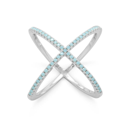 Extel Rhodium Plated Criss Cross 'X' Ring with Blue CZs