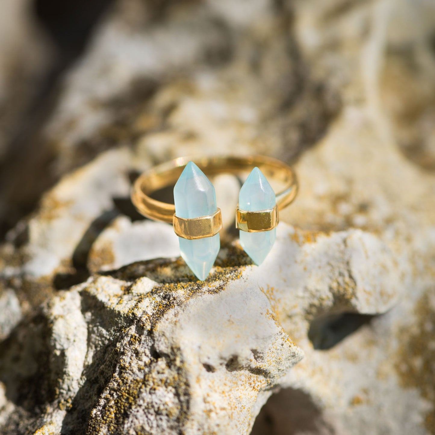 Extel 14 Karat Gold Plated Spike Pencil Cut Aqua Chalcedony Split Ring