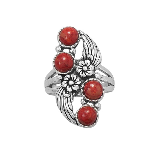 Extel Floral Design Dyed Red Coral Ring