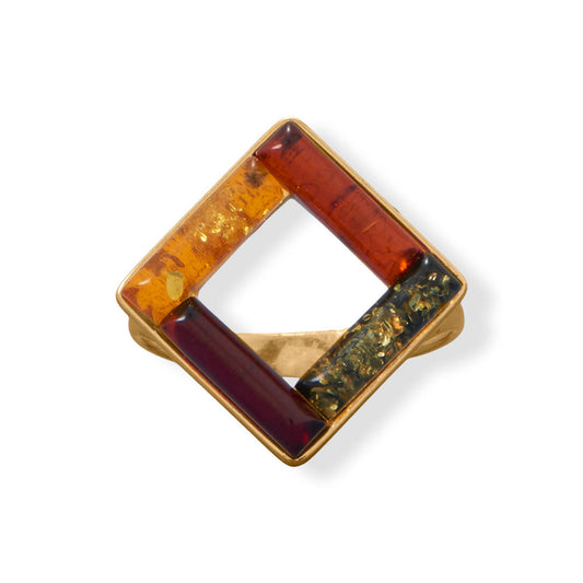 Extel 24 Karat Gold Plated Square Multi Color Baltic Amber Ring