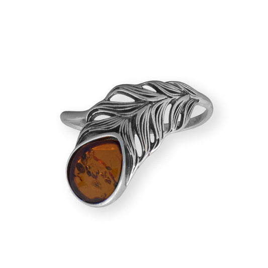 Extel Oxidized Baltic Amber Feather Ring