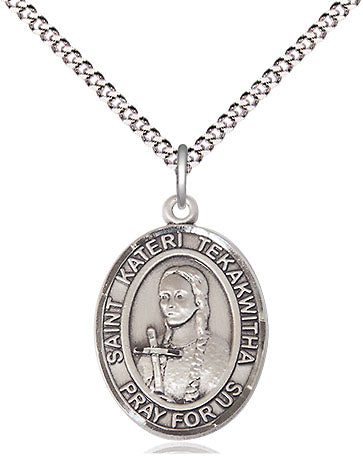 Extel Medium Oval Pewter St. Kateri Tekakwitha Pendant with 18" chain, Made in USA