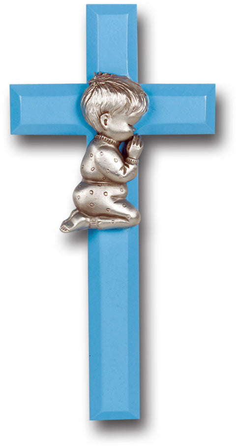 Medium Catholic Blue Wood Cross with Praying Boy, 7", for Home, Office, Over Door