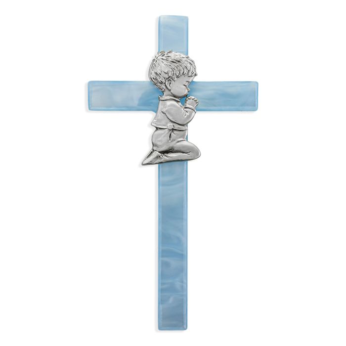 Blue Pearlized Cross with Genuine Pewter Praying Male Figure