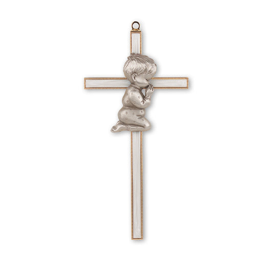 Medium Catholic Gold Plated Pearlized Cross with Praying Boy, 7", for Home, Office, Over Door