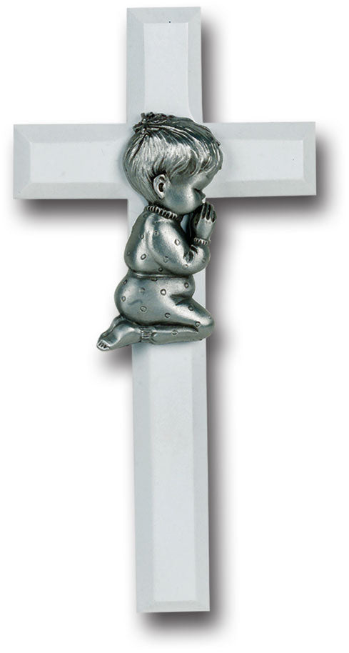 Medium Catholic White Wood Cross with Praying Boy, 7", for Home, Office, Over Door