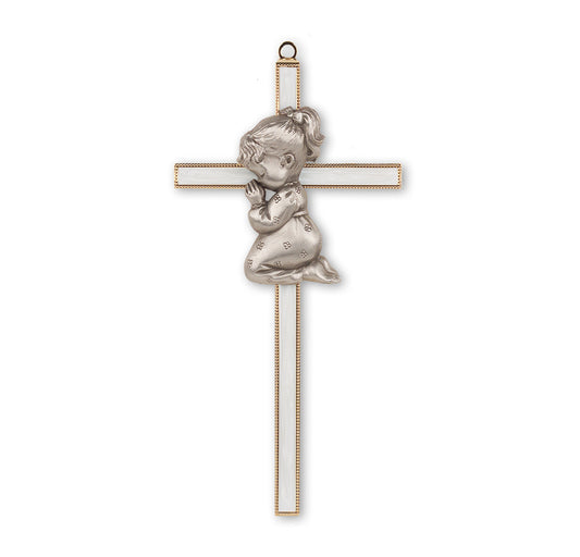 Medium Catholic Gold Plated Pearlized Cross with Praying Girl, 7", for Home, Office, Over Door