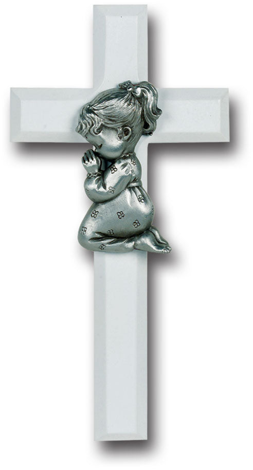 Medium Catholic White Wood Cross with Praying Girl, 7", for Home, Office, Over Door