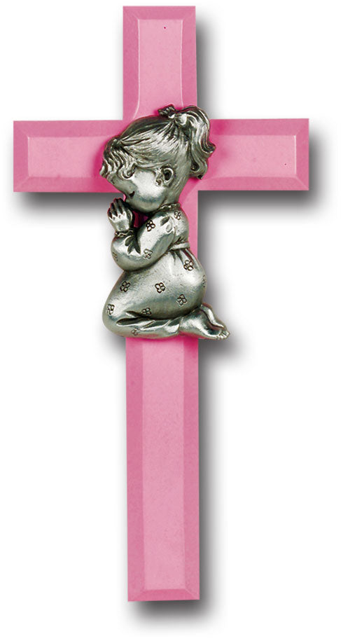 Medium Catholic Pink Wood Cross with Praying Girl, 7", for Home, Office, Over Door