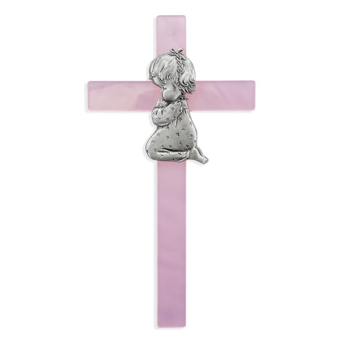 Pink 7" Pearlized Cross with Genuine Pewter Praying Girl Figure