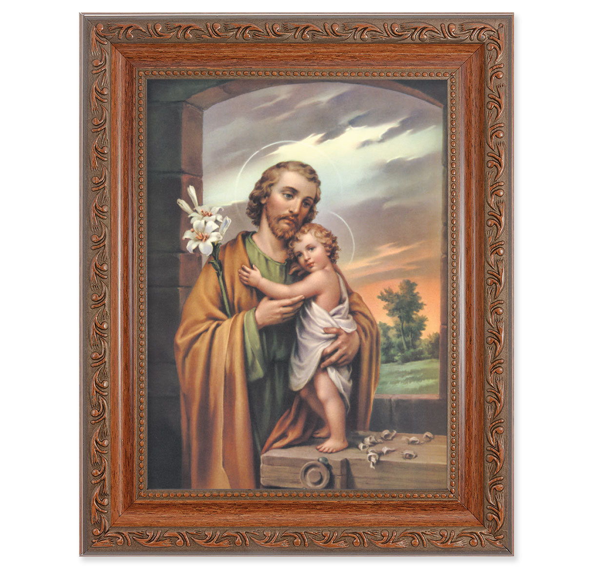 St. Joseph Picture Framed Wall Art Decor, Medium, Antiqued Dark Mahogany Finished Frame with Acanthus-Leaf Detail