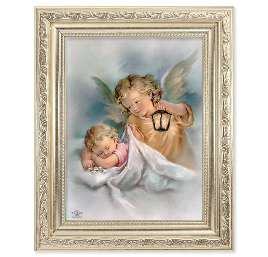 Guardian Angels with Lantern Picture Framed Wall Art Decor Medium, Antique Silver Finished Frame with Acanthus-Leaf Detail