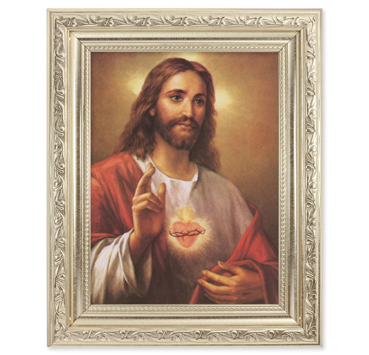 Sacred Heart of Jesus Picture Framed Wall Art Decor, Medium, Antique Silver Finished Frame with Acanthus-Leaf Detail