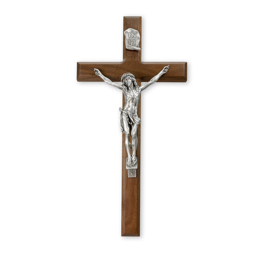 Large Catholic Genuine Walnut Wood Wall Crucifix, 15", for Home, Office, Over Door