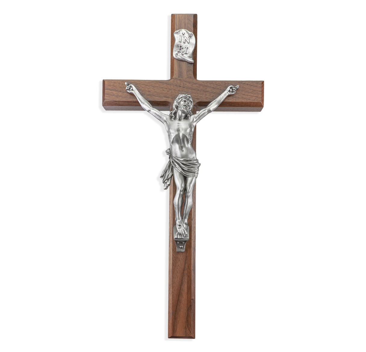 Large Catholic Walnut Wood Wall Crucifix, 15 Inch Decor