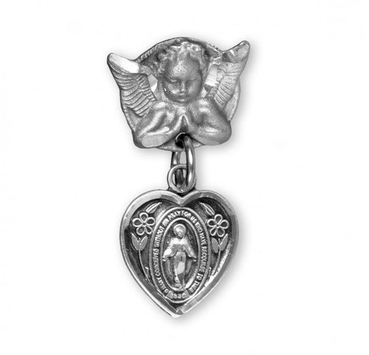 Extel Heart Shaped Baby Miraculous Medal in Sterling Silver on an Angel Pin, Catholic Baptism Gift, Made in USA