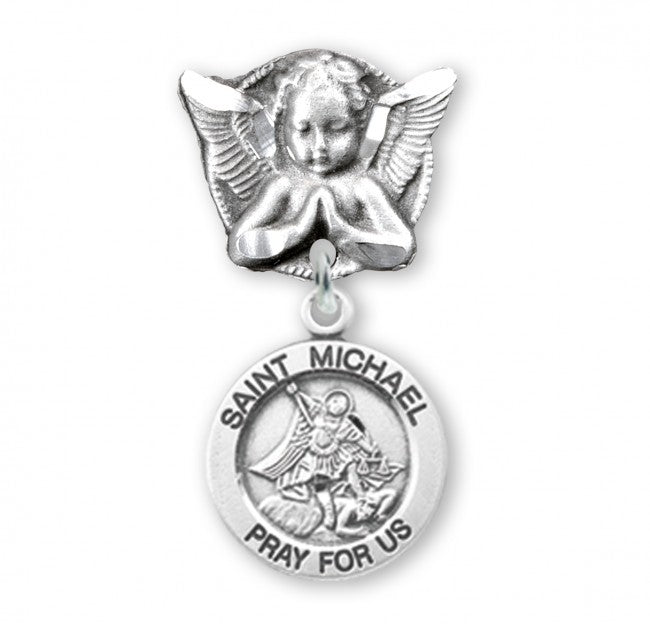 Extel Saint Michael Sterling Silver Medal on an Angel Pin, Catholic Baptism Gift, Made in USA