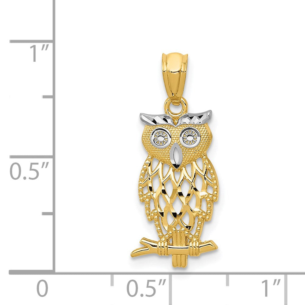 Extel Medium 14k Gold & Rhodium Owl Pendant, Made in USA