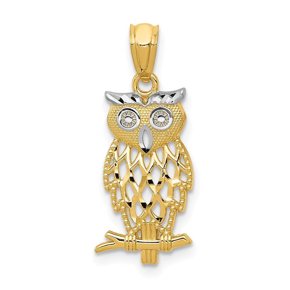 Extel Medium 14k Gold & Rhodium Owl Pendant, Made in USA