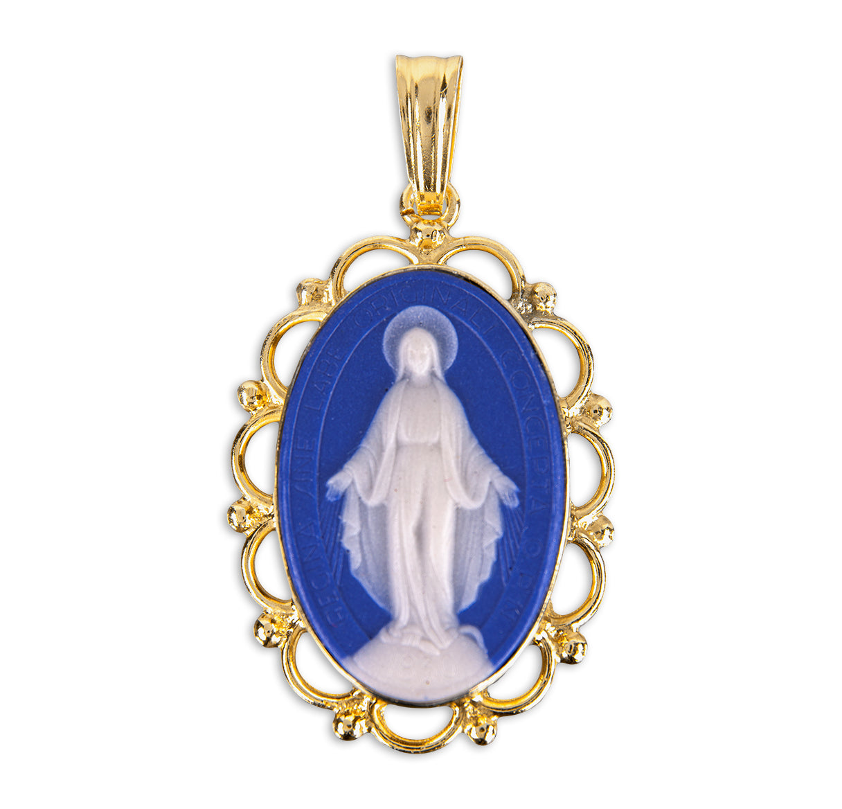 Dark Blue Gold Cameo Miraculous Medal Pendant Necklace, Made in USA